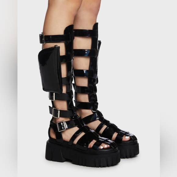 Dolls kill Holographic Oil slick black Club Exx Stage Diver Gladiator Sandals 9 - Picture 12 of 16